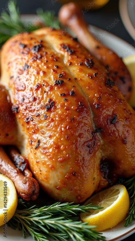 A beautifully roasted pheasant features a golden crust alongside fresh lemon slices and vegetables, ideal for festive gatherings and culinary celebrations.