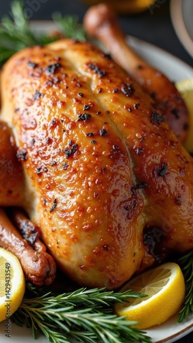 Obraz na płótnie A beautifully roasted pheasant features a golden crust alongside fresh lemon slices and vegetables, ideal for festive gatherings and culinary celebrations. w salonie