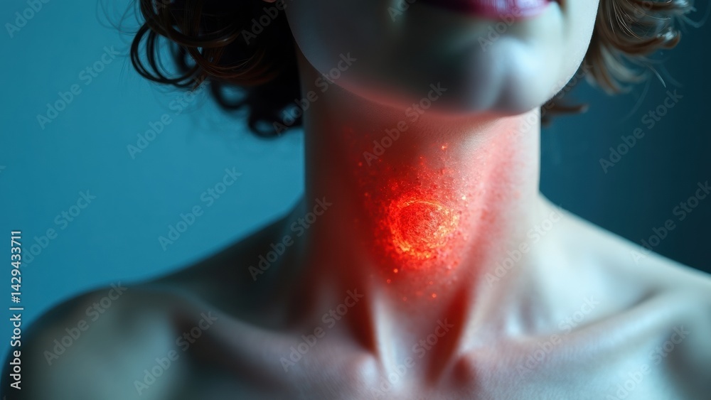 A person with a red scar on their neck, recovering from thyroid surgery, displaying a calm demeanor while gazing directly at the camera, emphasizing the healing process.