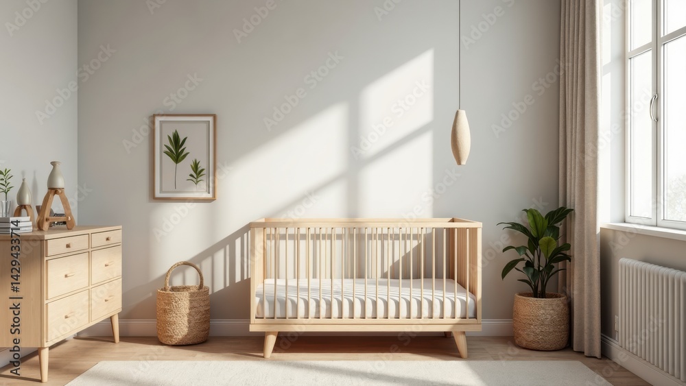 A serene baby room mockup with a simple wooden crib, warm neutral colors, and natural lighting creating a calm atmosphere for a newborn's space.