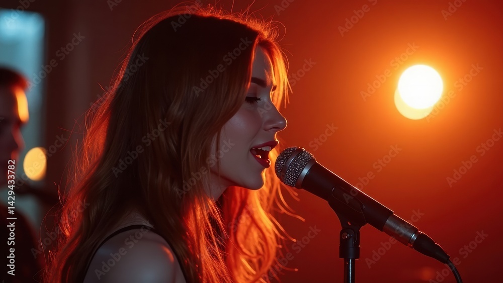 A woman passionately sings jazz and ballads during a karaoke performance in a vibrant club setting, showcasing her emotional connection to the music.
