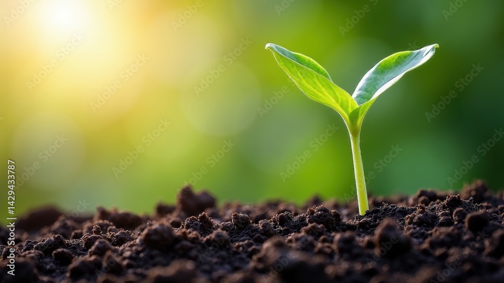 A green bean sprout breaks through dark soil, stretching towards warm sunlight, symbolizing life and growth in a vibrant natural setting.