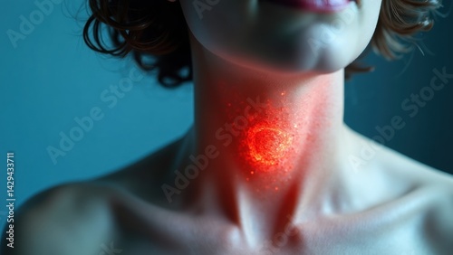 Obraz na płótnie A person with a red scar on their neck, recovering from thyroid surgery, displaying a calm demeanor while gazing directly at the camera, emphasizing the healing process. w salonie