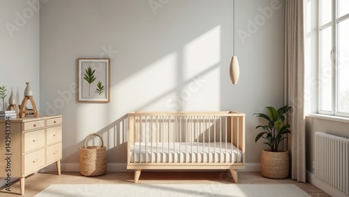 A serene baby room mockup with a simple wooden crib, warm neutral colors, and natural lighting creating a calm atmosphere for a newborn's space.