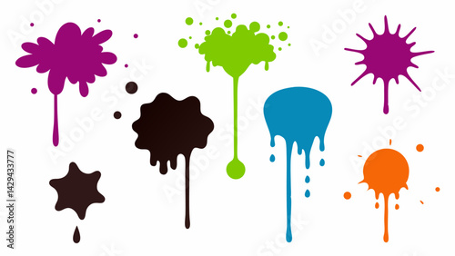 Set of grunge ink splatter. Splash of paints, spray drops, wet paint drop collection. Kit with design elements: splash and drip , blob spray. silhouette vector