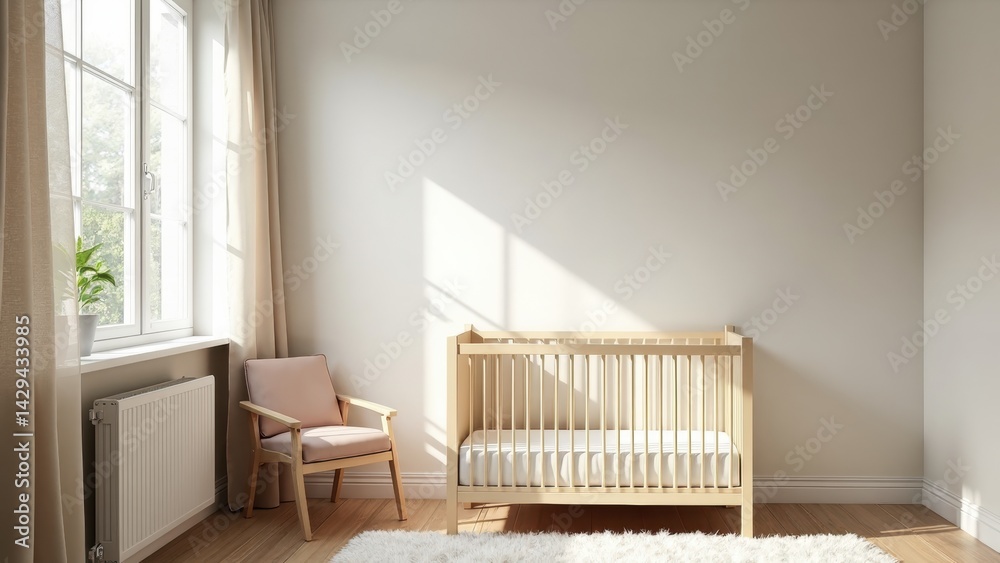 Soft sunlight fills a tranquil baby room with a light wooden crib and an elegant chair, creating a serene atmosphere perfect for nurturing spaces.