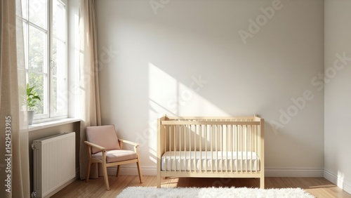 Obraz na płótnie Soft sunlight fills a tranquil baby room with a light wooden crib and an elegant chair, creating a serene atmosphere perfect for nurturing spaces. w salonie