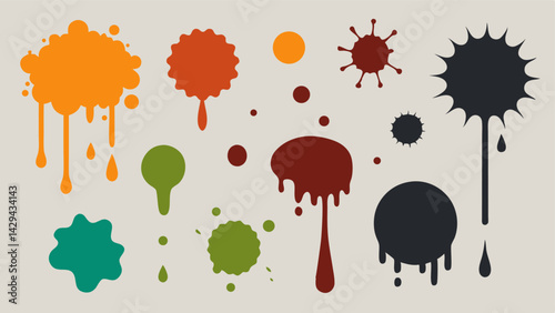 Set of grunge ink splatter. Splash of paints, spray drops, wet paint drop collection. Kit with design elements: splash and drip , blob spray. silhouette vector