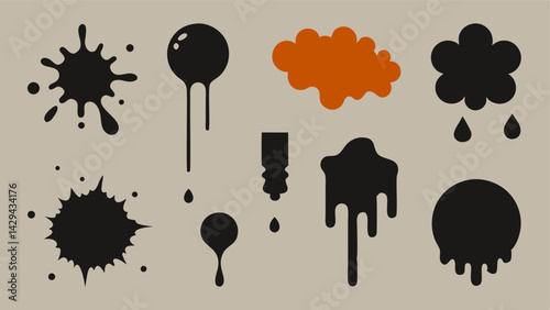 Set of grunge ink splatter. Splash of paints, spray drops, wet paint drop collection. Kit with design elements: splash and drip , blob spray. silhouette vector
