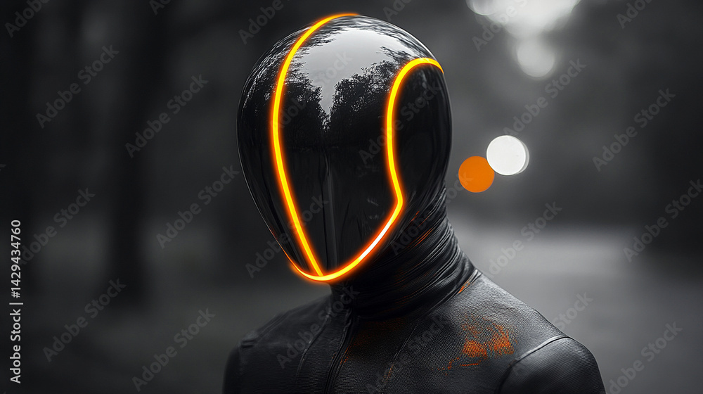 Futuristic black and orange helmet armor evokes a sleek sci-fi warrior vibe symbolizing strength speed innovation and the fusion of human resilience with high tech evolution in a glowing world