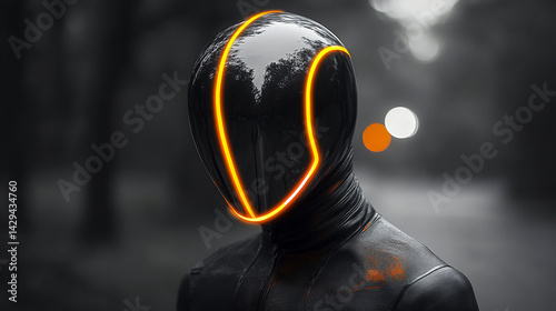Obraz na płótnie Futuristic black and orange helmet armor evokes a sleek sci-fi warrior vibe symbolizing strength speed innovation and the fusion of human resilience with high tech evolution in a glowing world
w salonie