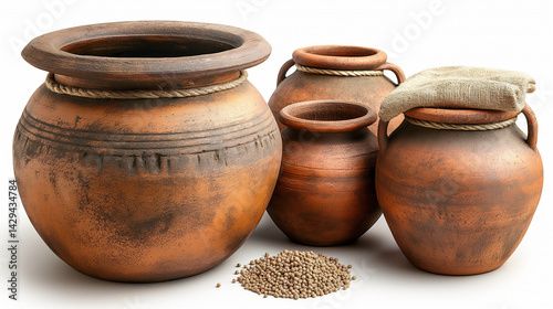 Group of rustic clay pots with grains. Traditional terracotta vessels and burlap sack on white. Perfect for agricultural, culinary, or heritage themes.