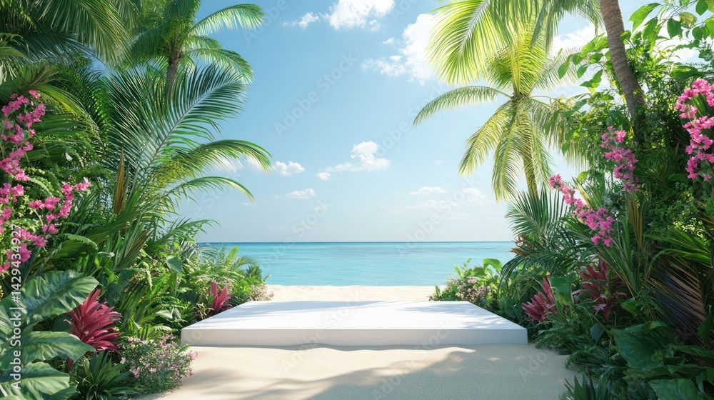 Fototapeta premium Stage set with tropical plants for events near the coast, with blue sky background