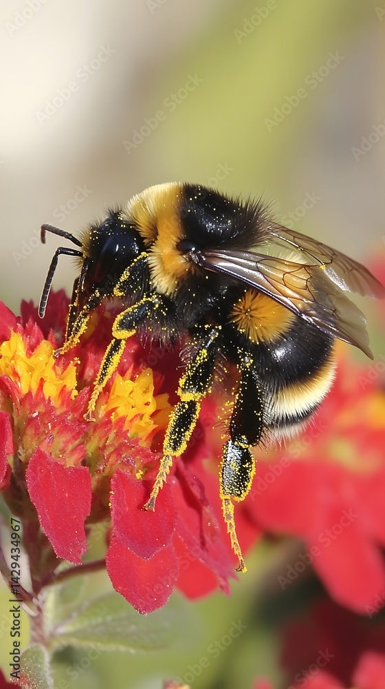 Stunning Closeup of a Bumblebee on Red Flower Stunning Closeup of a Bumblebee on Red Flower
