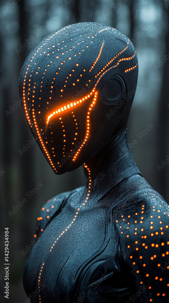 Futuristic black and orange helmet armor evokes a sleek sci-fi warrior vibe symbolizing strength speed innovation and the fusion of human resilience with high tech evolution in a glowing world