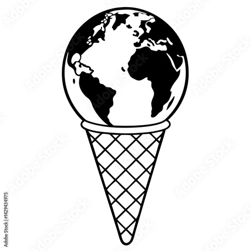 Ice cream cone scoop by a globe icon vector. Cool planet treats logo. earth ice cream illustration
