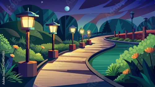 Row of modern outdoor pathway lights illuminating a curved garden path at night