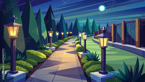 Row of modern outdoor pathway lights illuminating a curved garden path at night