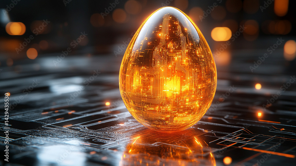 Glowing abstract 3D egg with a circuit board texture symbolizes digital birth innovation and futuristic potential presented as a modern tech-themed greeting card illustration