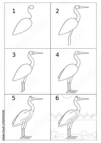 Step-by-step instructions on how to draw a crane, coloring book for children and adults, black and white comic book page. Beautiful bird with a long neck, self-study, tutorial.
