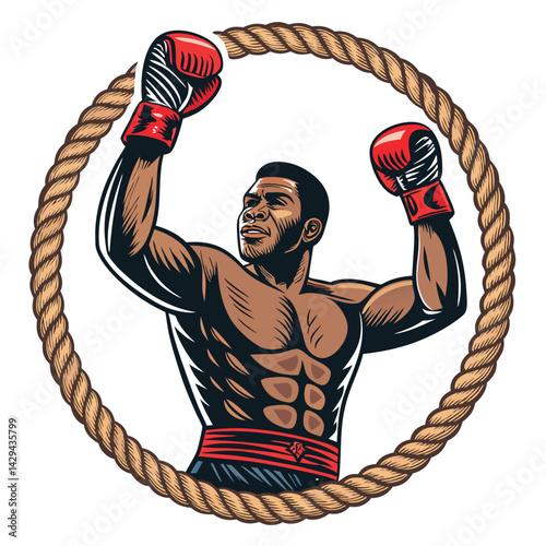 A triumphant, muscular boxer with raised gloves, captured within a circular frame, showcasing his powerful physique and victorious stance.