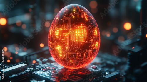Glowing abstract 3D egg with a circuit board texture symbolizes digital birth innovation and futuristic potential presented as a modern tech-themed greeting card illustration

