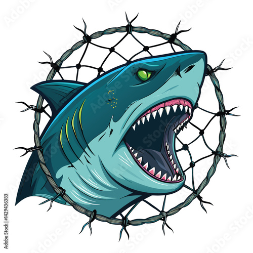 A terrifying close-up of a mutant shark's head, featuring prominent stitches across its scarred face and intensely glowing gills.  High detail, dark and gritty style.