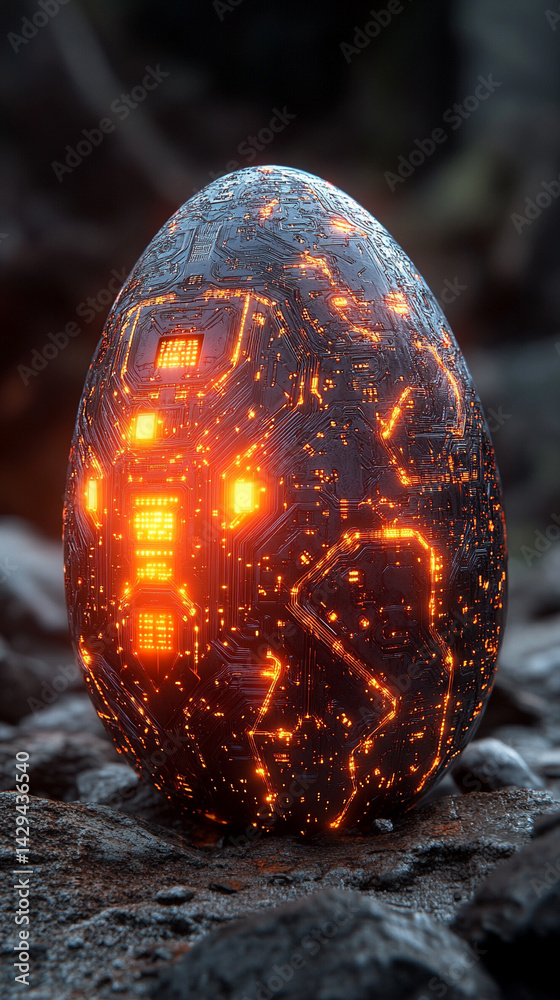 Glowing abstract 3D egg with a circuit board texture symbolizes digital birth innovation and futuristic potential presented as a modern tech-themed greeting card illustration