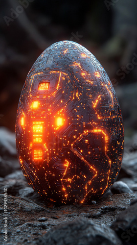 Obraz na płótnie Glowing abstract 3D egg with a circuit board texture symbolizes digital birth innovation and futuristic potential presented as a modern tech-themed greeting card illustration
w salonie