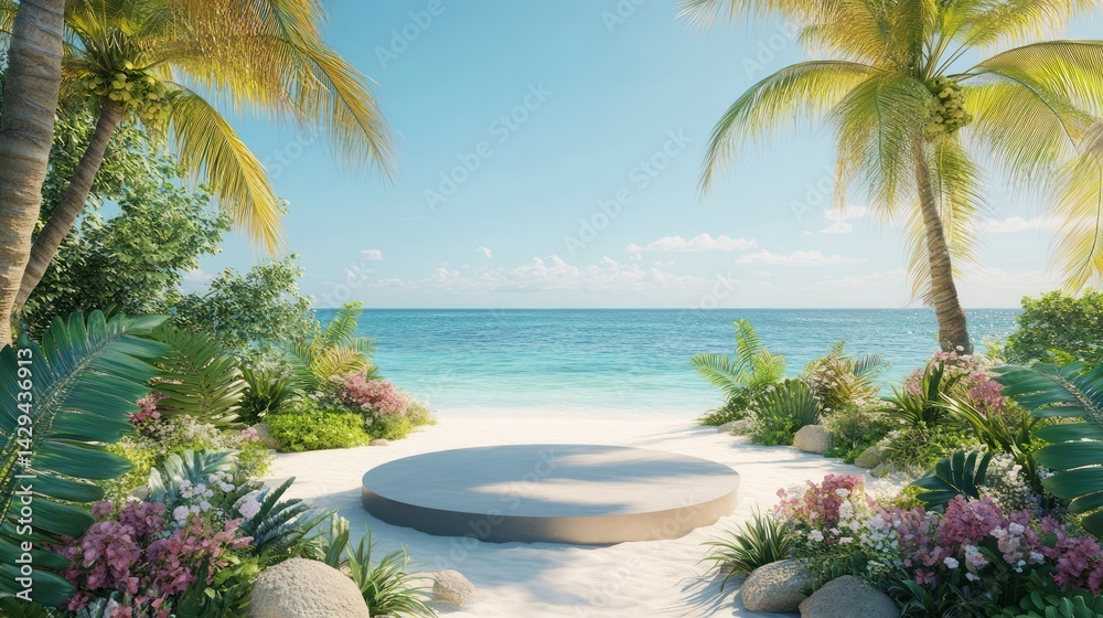 Fototapeta premium Empty display platform by beach. Tropical paradise setting for product showcase