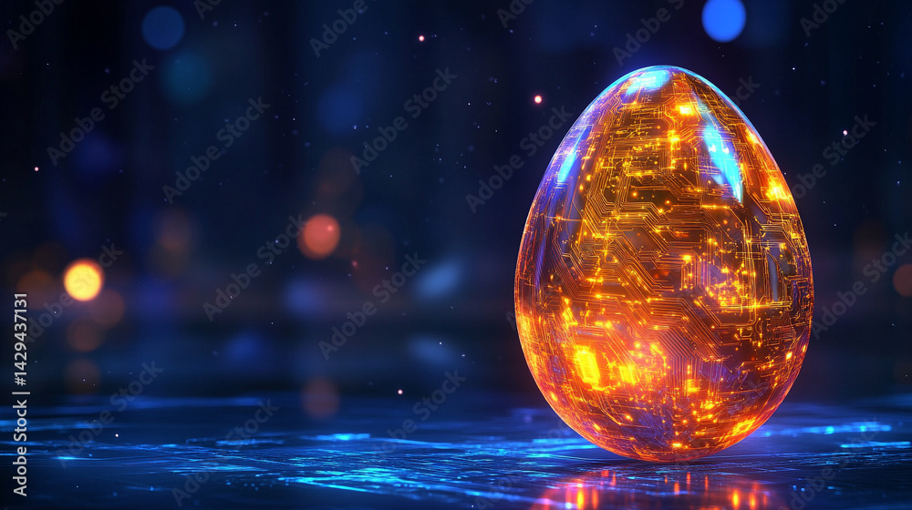 Glowing abstract 3D egg with a circuit board texture symbolizes digital birth innovation and futuristic potential presented as a modern tech-themed greeting card illustration