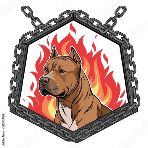 A chained Pitbull, trapped within a fiery hexagon, symbolizes confinement and suffering.  Render in gritty, realistic detail.