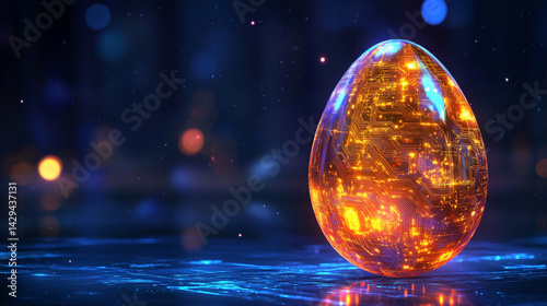 Obraz na płótnie Glowing abstract 3D egg with a circuit board texture symbolizes digital birth innovation and futuristic potential presented as a modern tech-themed greeting card illustration
w salonie