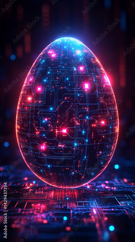 Glowing abstract 3D egg with a circuit board texture symbolizes digital birth innovation and futuristic potential presented as a modern tech-themed greeting card illustration