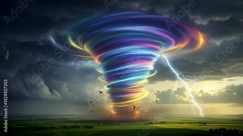 Colorful tornado dances with lightning across a vibrant green field landscape