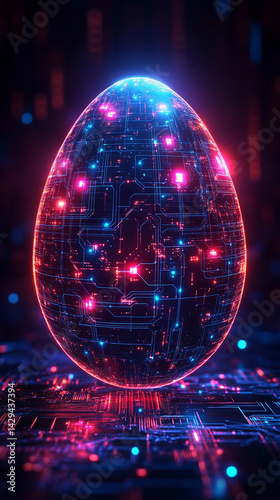Obraz na płótnie Glowing abstract 3D egg with a circuit board texture symbolizes digital birth innovation and futuristic potential presented as a modern tech-themed greeting card illustration
w salonie