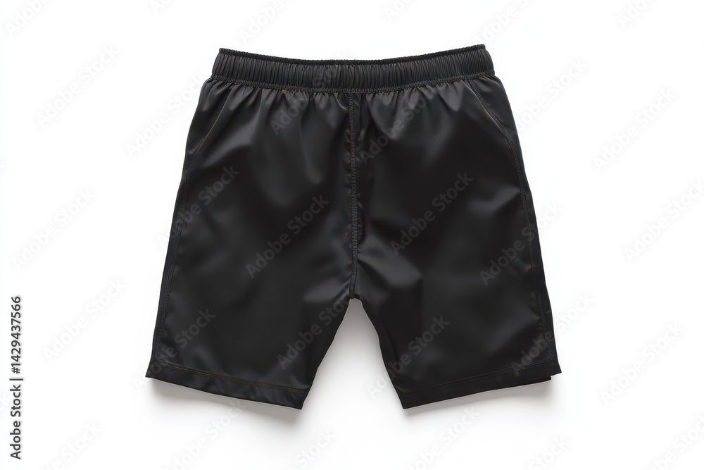 Isolated black sports shorts feature a comfortable elastic waistband. The shorts are sleek, versatile, and suitable for various activities. Isolated black sports shorts feature a comfortable elastic waistband. The shorts are sleek, versatile, and suitable for various activities.
