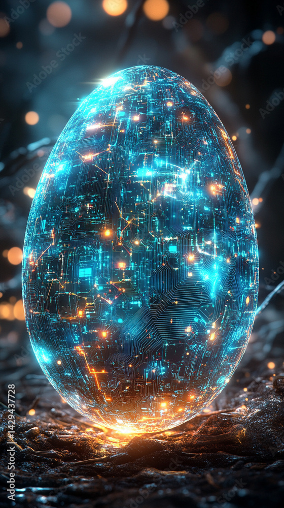 Glowing abstract 3D egg with a circuit board texture symbolizes digital birth innovation and futuristic potential presented as a modern tech-themed greeting card illustration