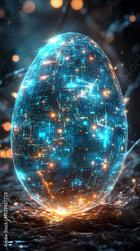 Obraz na płótnie Glowing abstract 3D egg with a circuit board texture symbolizes digital birth innovation and futuristic potential presented as a modern tech-themed greeting card illustration
w salonie
