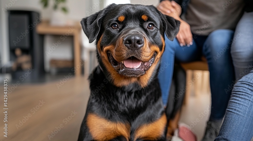 Obraz premium Happy rottweiler dog veterinary checkup closeup portrait
