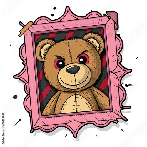 A demonic, possessed teddy bear viciously shreds a cute, pastel-colored candy cane.  Focus on the contrast between the cute candy and the terrifying bear.