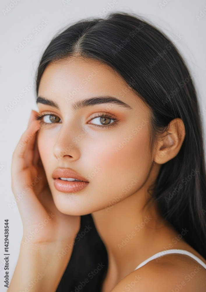 Fototapeta premium Young Woman Side Pose Hand on Face Portrait