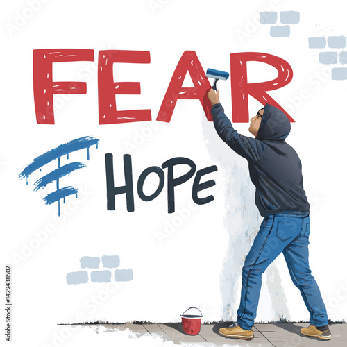 A lone protester defiantly paints a vibrant mural of hope onto a decaying graffiti-covered wall, symbolizing resilience and social change.