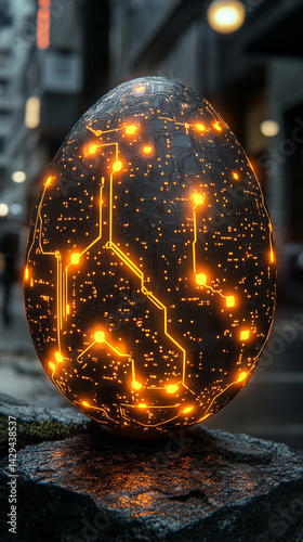 Glowing abstract 3D egg with a circuit board texture symbolizes digital birth innovation and futuristic potential presented as a modern tech-themed greeting card illustration

