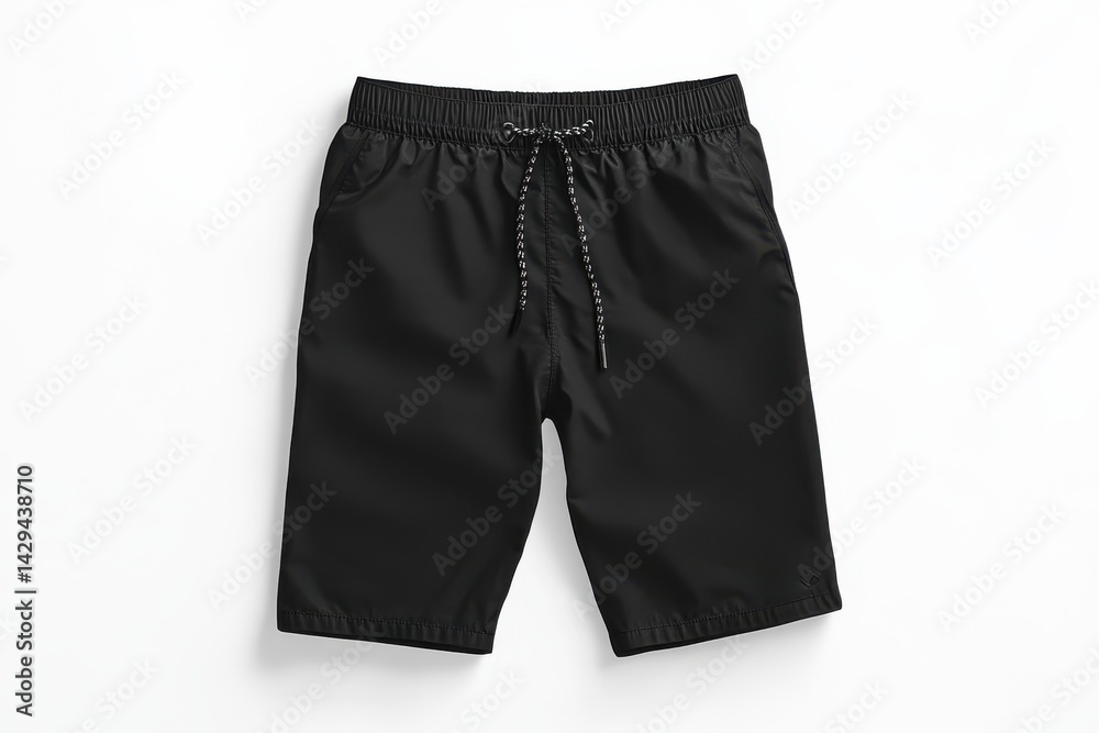 A pair of solid black elastic-waisted shorts with a drawstring for adjusting the waist, displayed on a stark white background. A pair of solid black elastic-waisted shorts with a drawstring for adjusting the waist, displayed on a stark white background.