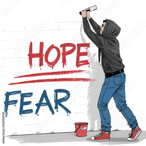 A lone protester paints a vibrant mural of "Hope" over a decaying, graffiti-covered brick wall, symbolizing social change and resilience.