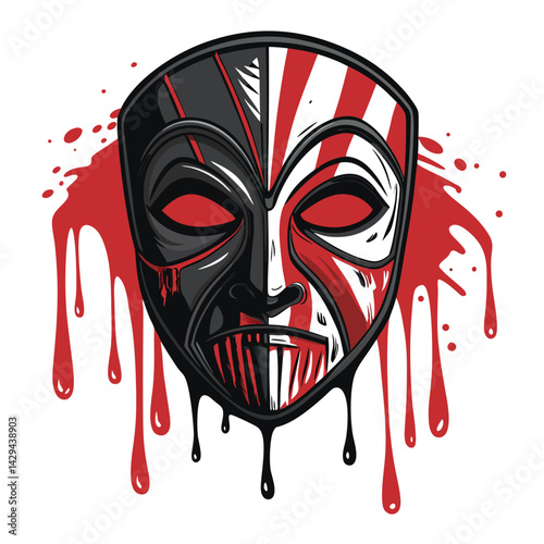 Create a cartoon illustration of a protest mask dripping with vibrant paint, in black and white, emphasizing the texture and drips.  The style should be bold and expressive.