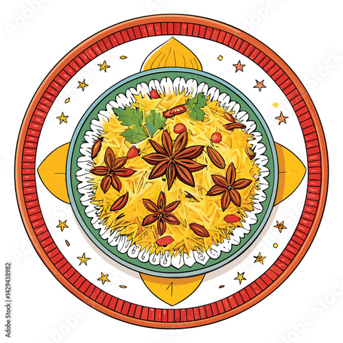 A close-up shot of aromatic biryani rice, studded with star anise, served on a circular plate.  Highlight the texture and colors of the rice and the spice.