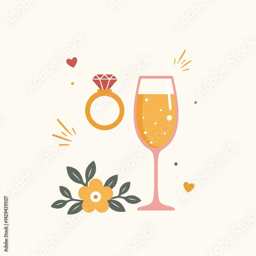 Engagement Ring and Champagne - Colorful Illustration of Celebration  