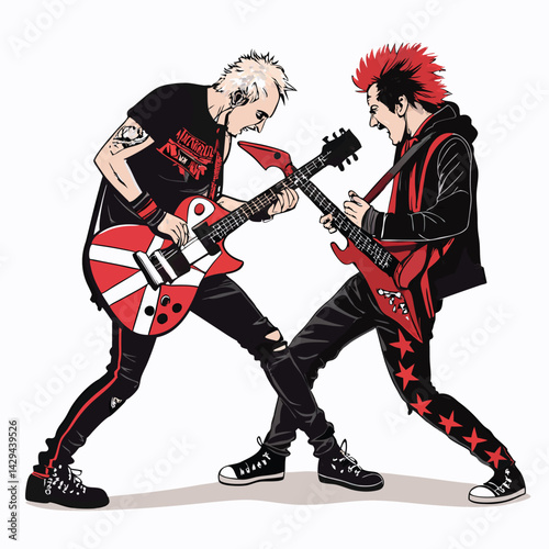 Two punk rockers violently smashing guitars together, creating an X shape, in a raw, energetic performance.  Capture the chaotic energy and rebellious spirit.